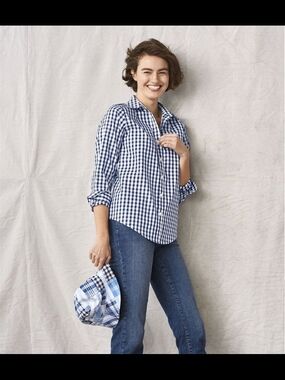 L.L. Bean Premium Washable Linen Shirt Blue Gingham